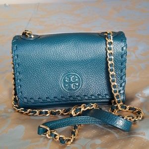 Tory Burch Teal Leather Chain Crossbody Bag with Gold Hardware